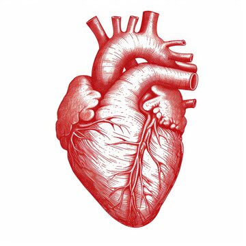 Red anatomical heart in drawing on white background.