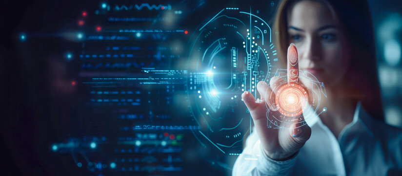 A woman uses an advanced fingerprint scanner encryption system for accessing highly sensitive data, ensuring reliable online security.