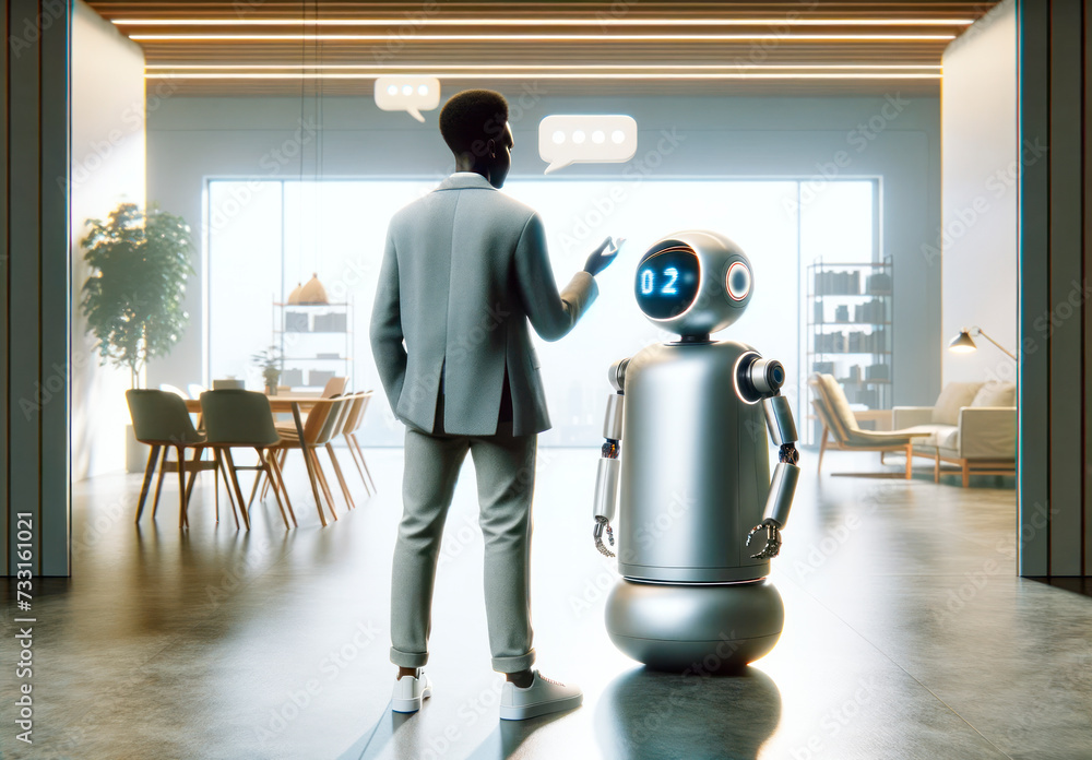 Poster Businessman interacts with a friendly robot in a sleek office environment. Future technology concept. Generative AI