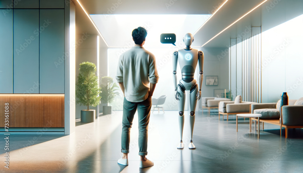 Aufkleber Man standing and communicating with a humanoid robot in a minimalist office. AI technology concept. Generative AI