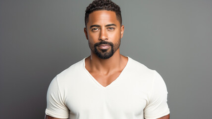 Fototapeta premium Portrait of young smiling handsome african american guy in white t-shirt isolated on gray background.