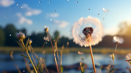  A close-up shot of a delicate dandelion seed floating in the air, carried away by a gentle breeze ©  ALLAH LOVE