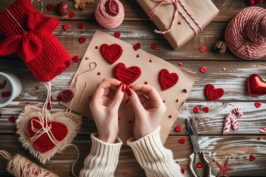People creating homemade Valentine’s gifts or decorations.