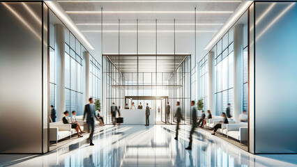 Modern office lobby with high ceilings and minimalist furniture. Corporate, design, spaciousness. Generative AI