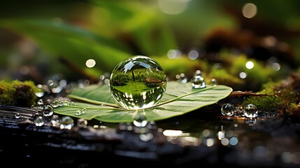A close-up shot of a raindrop on a leaf, refracting the surrounding world like a tiny lens