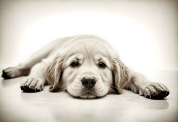 A golden retriever puppy lying on its back with its head tilted, showing a playful expression against a white background