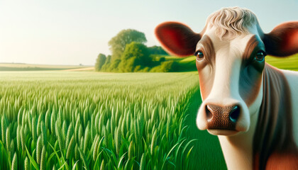 Cow with large ears and soft eyes in a lush green wheat field, digital art style. Generative AI