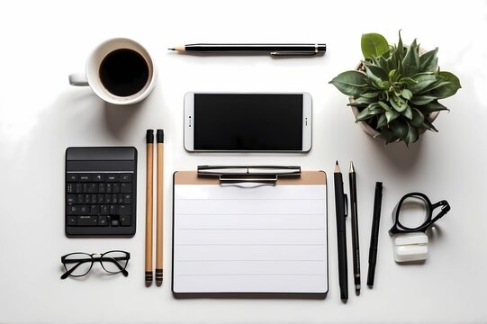 Design a flat lay, top view of an office table desk. Create a workspace featuring a blank clipboard, keyboard, various office supplies, pencils, books, and a coffee cup, all arranged neatly on a white