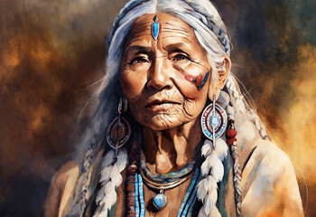 Native american elderly woman watercolor - AI generated - obrazy, fototapety, plakaty