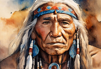 Native american elderly man watercolor - AI generated - obrazy, fototapety, plakaty