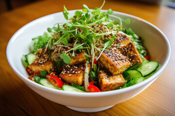 Fried tofu salad with sprouts and sesame seeds in white bowl. .Vegan food.