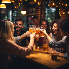 Group of people cheering and drinking beer at bar pub table - Happy young friends enjoying happy hour at brewery.