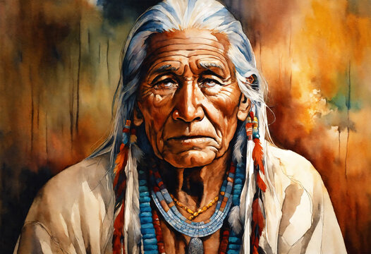 Native american elderly man watercolor - AI generated