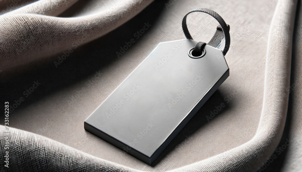 Poster minimalist metallic label tag on a fabric backdrop, sleek design concept. generative ai