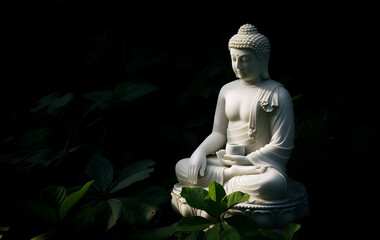 Meditating marble Buddha among green leaves - Powered by Adobe