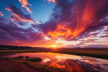 Fototapeta na wymiar Majestic sunrise or sunset landscape with stunning nature's light and rolling colorful clouds.