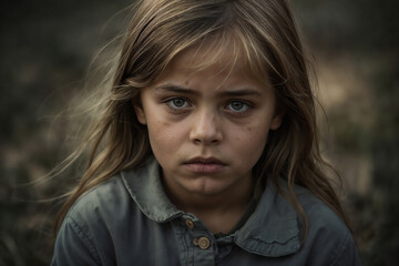 Pequeña niña con expresión triste en su rostro - obrazy, fototapety, plakaty
