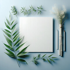 Mockup white paper textured with bamboo leaves, greeting card, invitation card, thanks card 