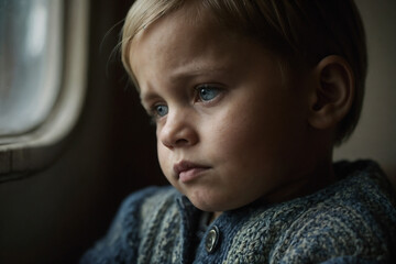 Niño con mirada triste observando por la ventana de un avión. - obrazy, fototapety, plakaty