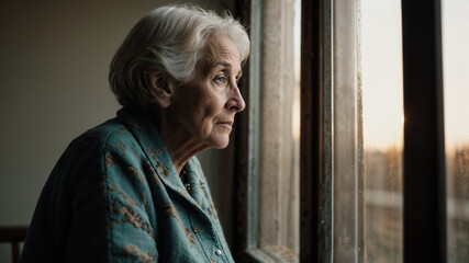 Una anciana mirando por la ventana - obrazy, fototapety, plakaty
