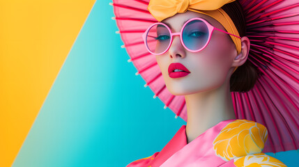 Beautiful woman wearing pink and yellow kimono, in the style of futuristic pop