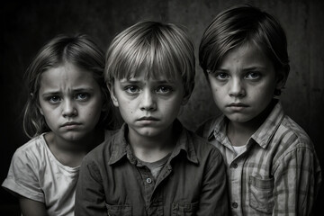 Tres niños con miradas melancólicas - obrazy, fototapety, plakaty