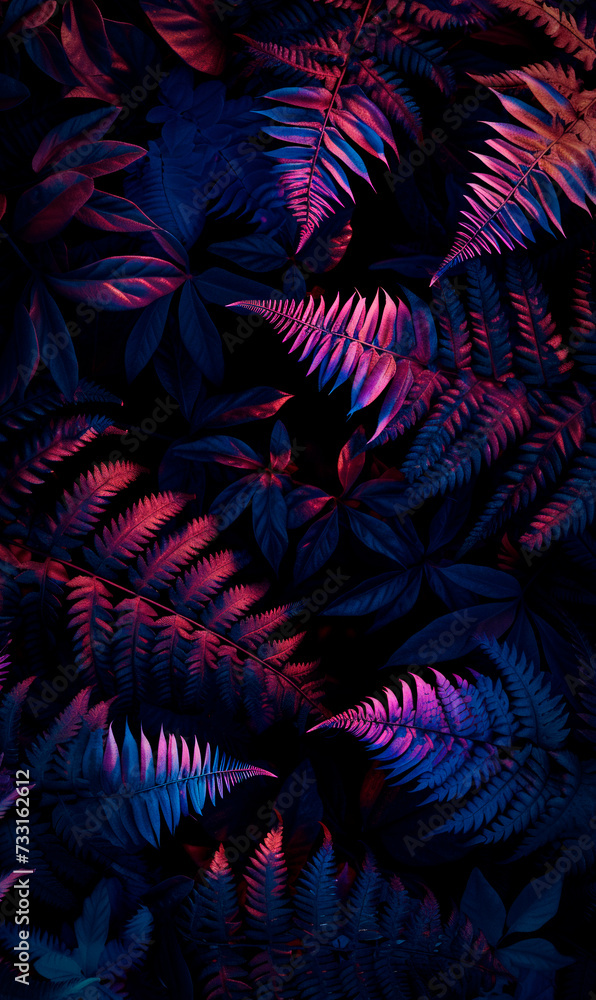 Poster abstract leaf arrangement with a gradient from blue to purple. generative ai