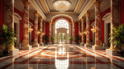 Fototapeta na wymiar Grandeur in Crimson and Cream: Majestic Entrance Hall