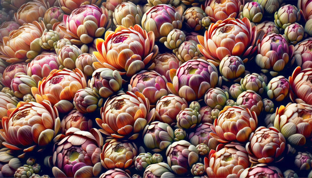 Abundance of detailed protea flowers in soft hues, closeup. Textural botanical wonder. Generative AI