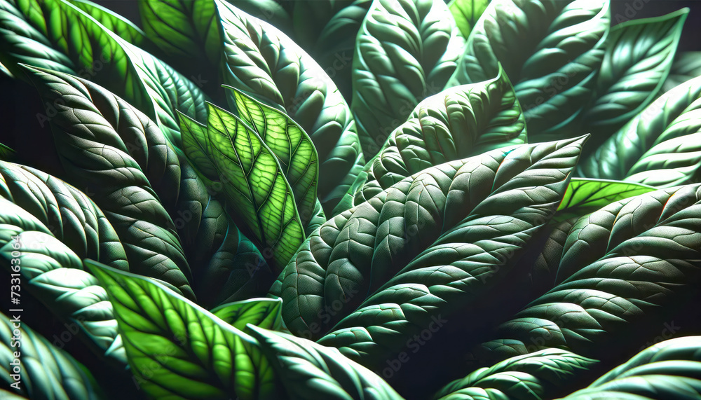 Poster Closeup of green leaves with intricate patterns highlighted by dramatic lighting. Generative AI