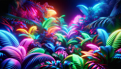 Obraz na płótnie Canvas Explosion of multicolored tropical flora in a vibrant, fantastical setting. Dreamy landscape concept. Generative AI