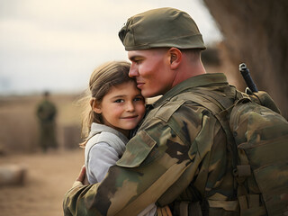 Fototapeta premium Generative KI Soldat hält Kind Tochter geborgen in seinen Armen