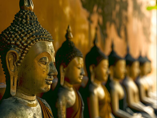 Obraz premium Row of Buddha statues, shallow depth of field