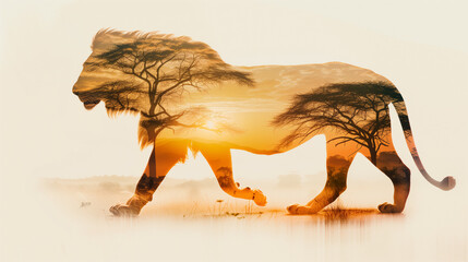 Silhouette of a Lion with African Savannah Sunset Scenery, Double Exposure Art