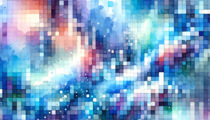 Geometric watercolor patchwork in cool tones with abstract pixelation effect. Modern art. Generative AI