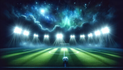 Enchanting football stadium with a soccer ball at center under a starry night sky and aurora lights. Generative AI