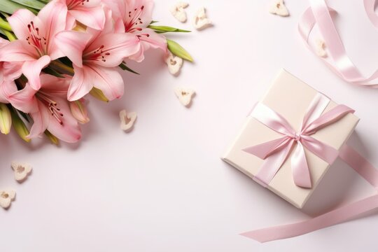 Mothers Day composition with gift box and flowers