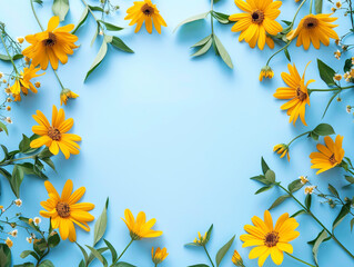 Bright yellow wildflowers with green leaves on a turquoise backdrop, sunny day concept. Generative AI
