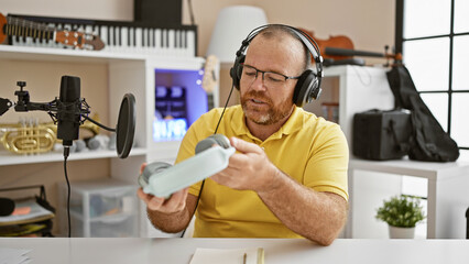 Handsome middle-aged caucasian man musician holding headphones, deeply immersed in a serious video...