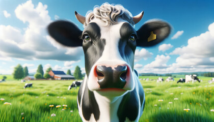Front view on a black and white cow in a lush field with rolling hills. Generative AI