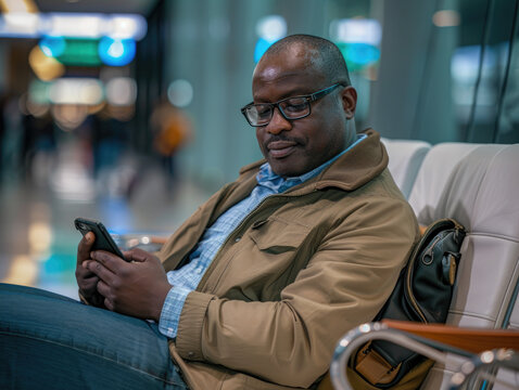 Relax, travel or black man with phone for internet, website search or communication in airport lobby. Smile, happy or girl on tech for communication, networking or social media app in London lounge.