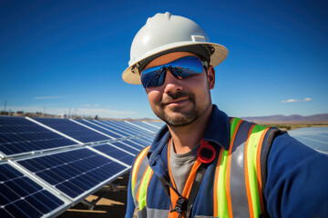 A male solar technician skilled worker in renewable energy solar farm jobs.
