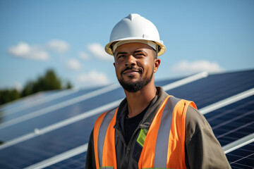 A male solar technician skilled worker in renewable energy solar farm jobs. - obrazy, fototapety, plakaty