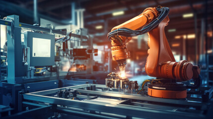 Digital manufacturing operation, An engineer check and control robotics automatic arms machine in factory automotive industrial.