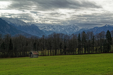 Fototapeta na wymiar View to the Estergebirge, Wetterstein and Ammergauer mountains, Bavarian Alps, Bavaria, Gernany, Europe