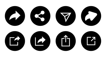 Share button icon set collection. Sharing, send sign symbol on black circle