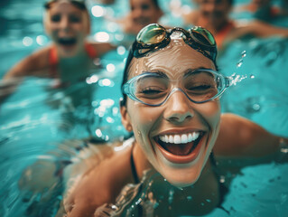 Swimming team, women and happy with sports and fitness, athlete at pool with laughter and fun during training. Female swimmer, friends and trust with happiness, exercise with water sport and workout.