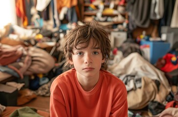 Fototapeta na wymiar A young boy with disheveled hair in an orange shirt sitting in a cluttered room filled with clothes and various items