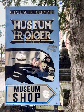Gruyeres, Switzerland - January 6, 2024: Museum of HR Giger, one of the biggest figures of the Swiss art scene