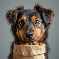 A dog peeks over the edge of a paper bag filled with treats, its bright, expressive eyes and perked ears conveying a sense of eager anticipation